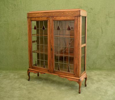 Restored Stained Glass Doored Oak Bookcase